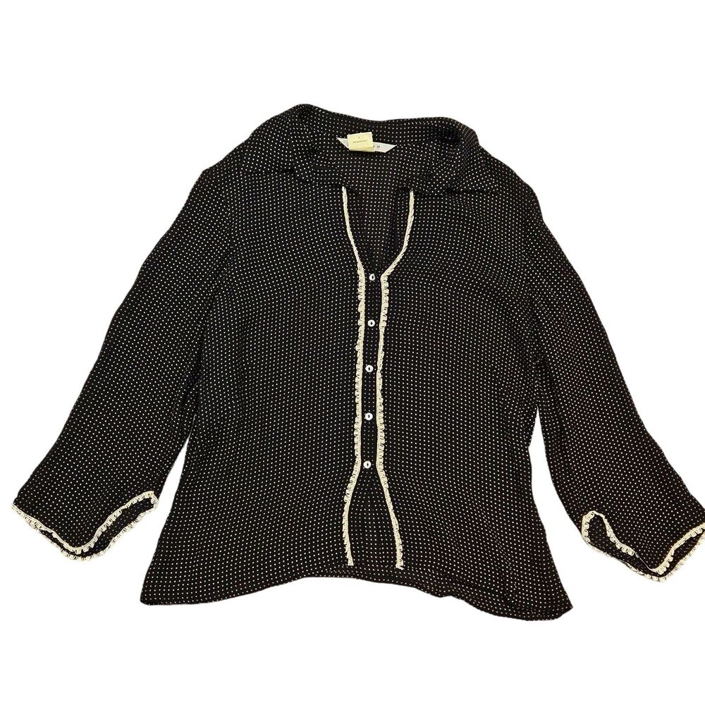 Studio M Women's 100% Silk Long Sleeve Button Down V-Neck Black Shirt Size Large